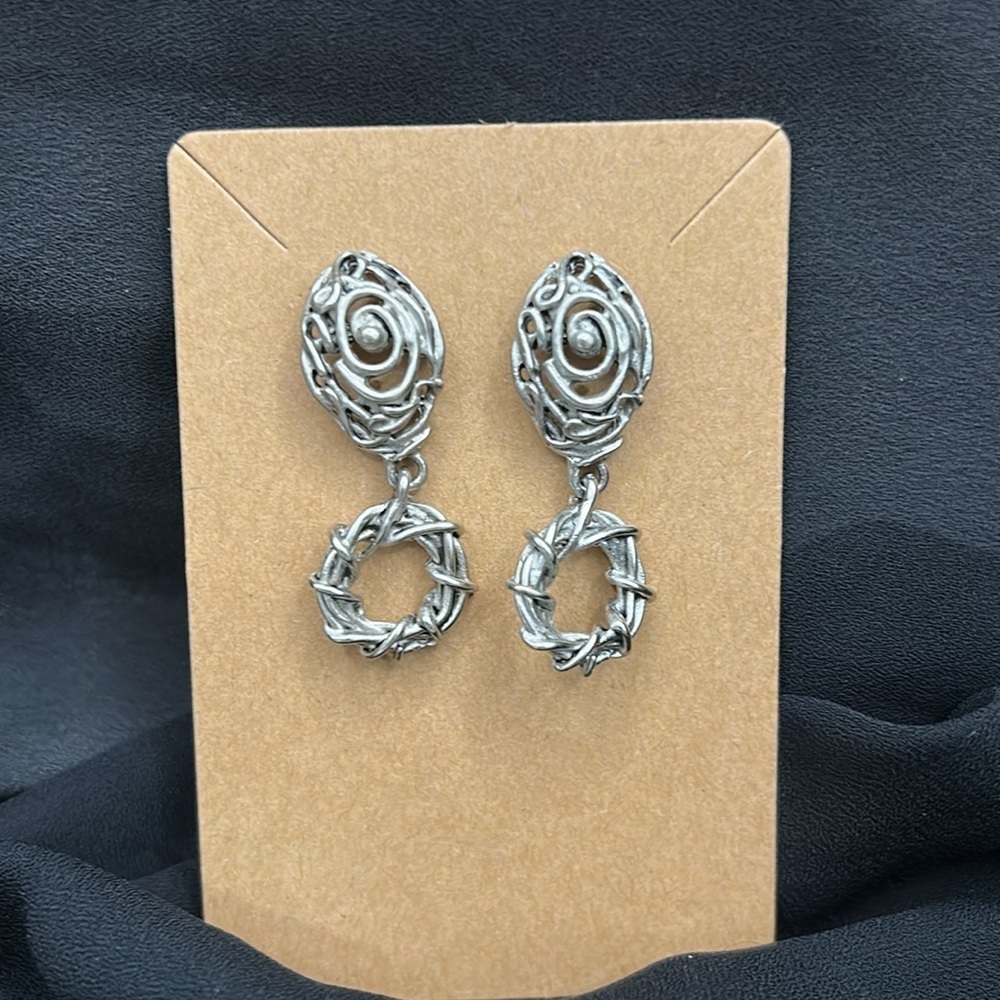 Rustic Silvertone Dangle Earrings - Picture 2 of 5